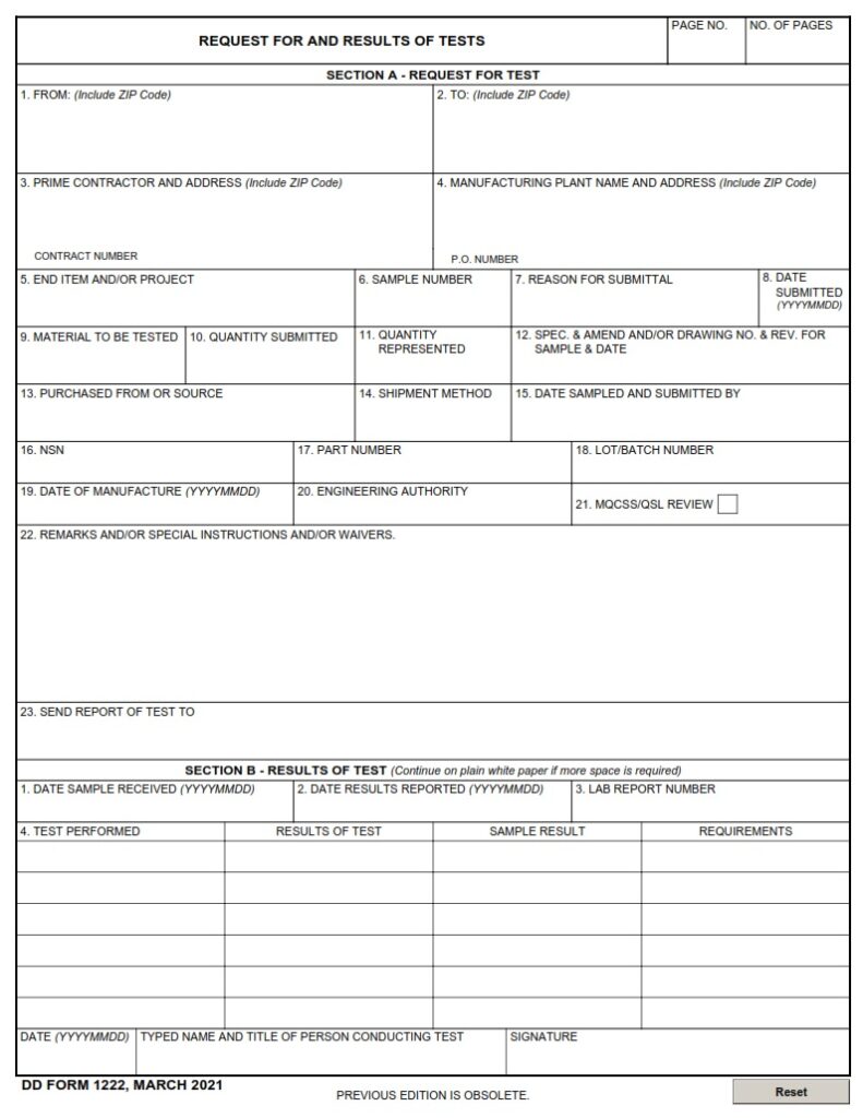 DD Form 1222 – Request for and Results of Tests - DD Forms