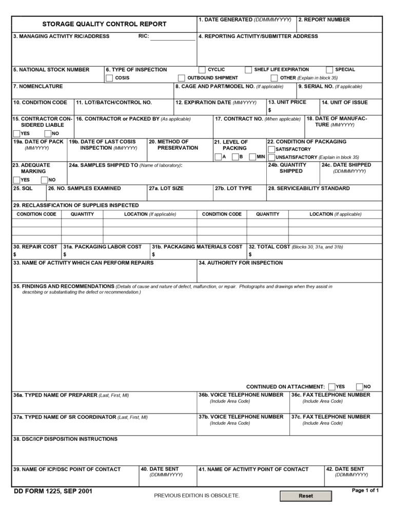 DD Form 1225 – Storage Quality Control Report - DD Forms