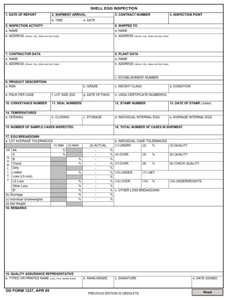 DD Form 1237 – Shell Egg Inspection - DD Forms