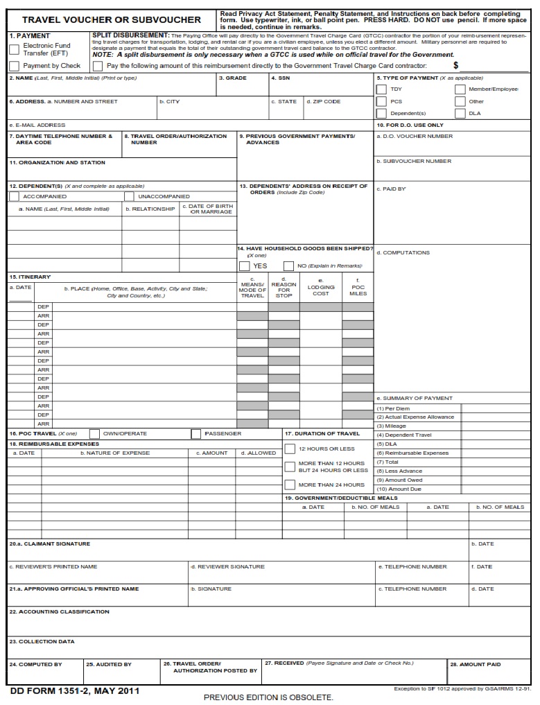 DD Form 1351 2 Travel Voucher Or Subvoucher DD Forms