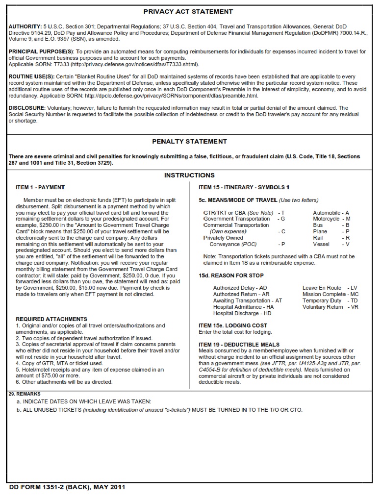 DD Form 1351 2 Travel Voucher Or Subvoucher DD Forms