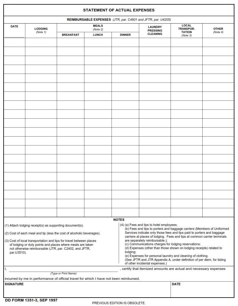 DD Form 1351 3 Statement Of Actual Expenses DD Forms