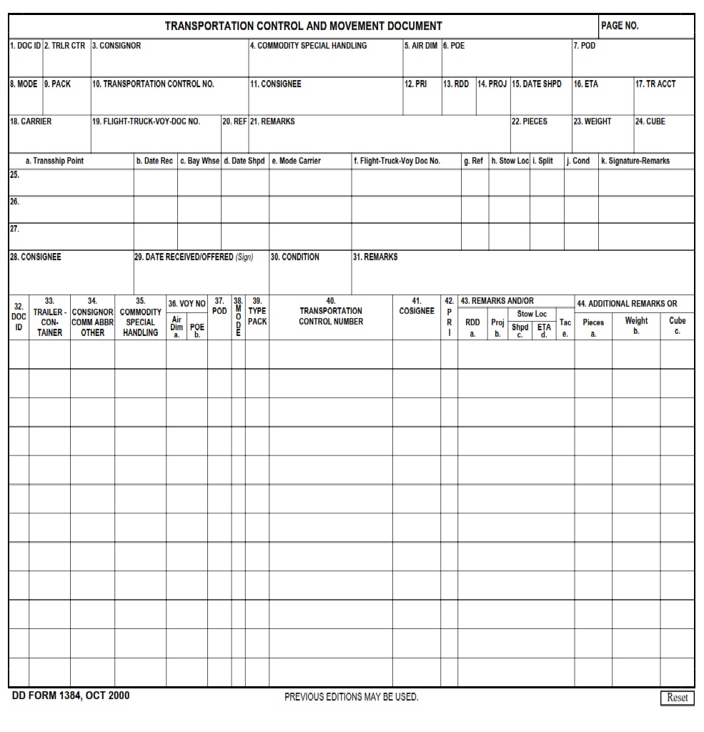 DD Form 1384 Transportation Control And Movement Document DD Forms