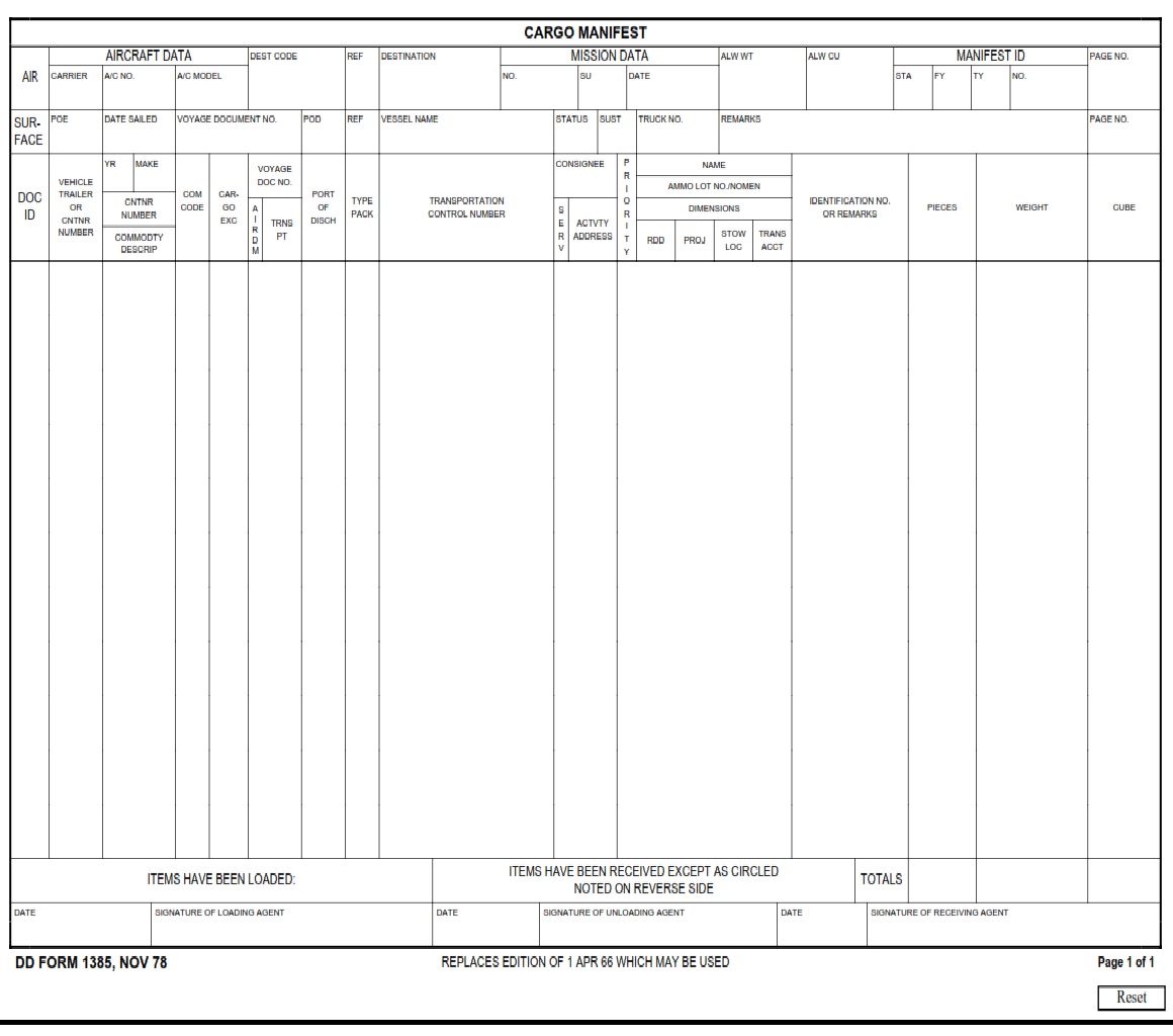 DD Form 1385 – Cargo Manifest - DD Forms