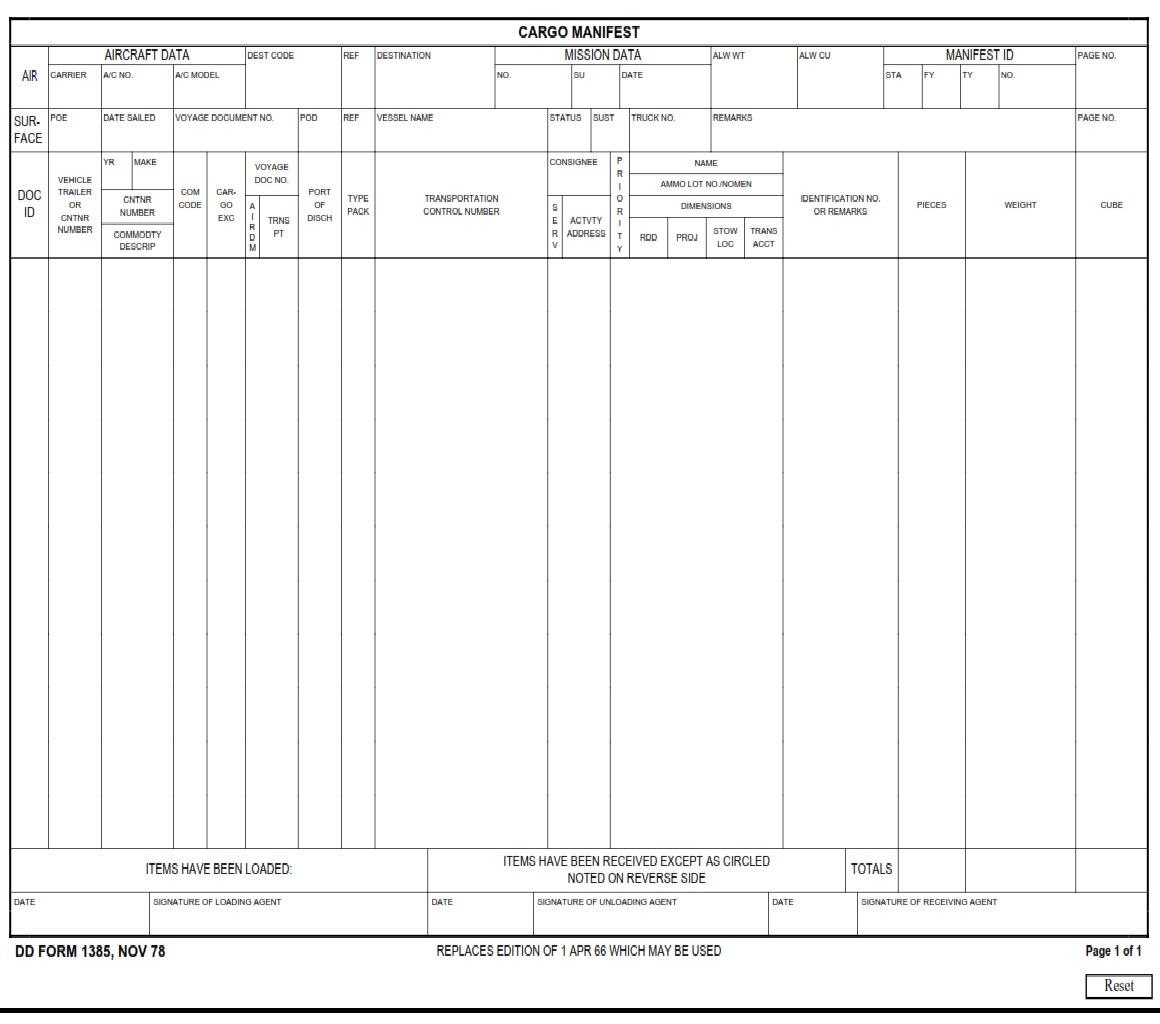 DD Form 1385 Cargo Manifest DD Forms