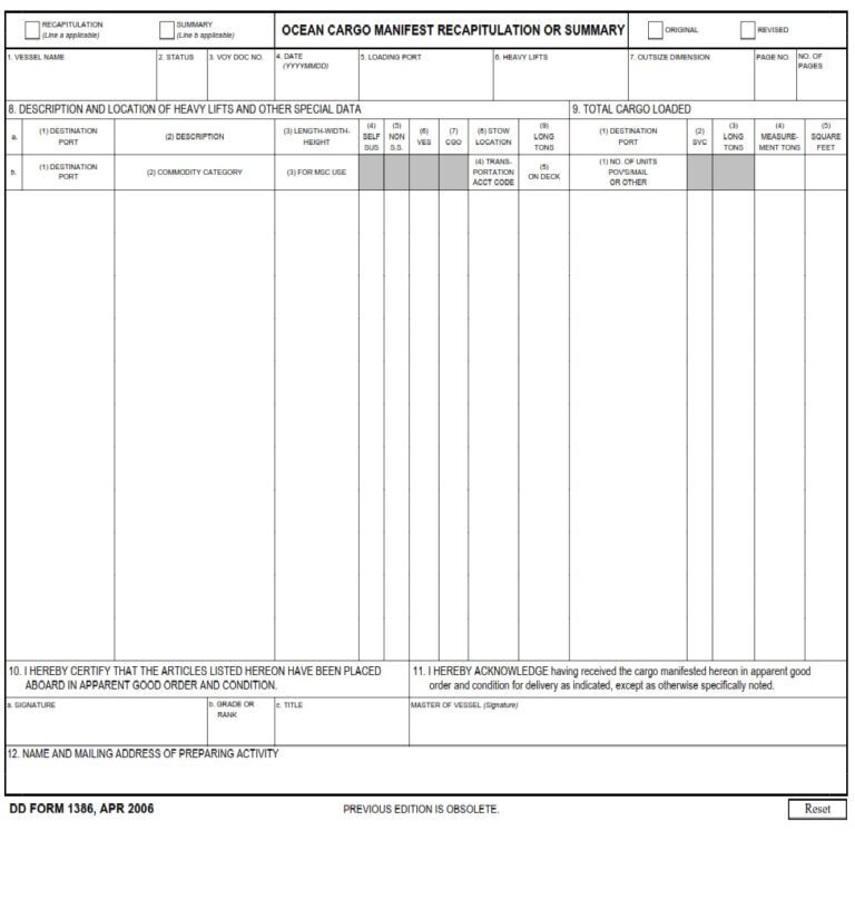 Dd Form 1386 – Ocean Cargo Manifest Recapitulation Or Summary - Dd Forms