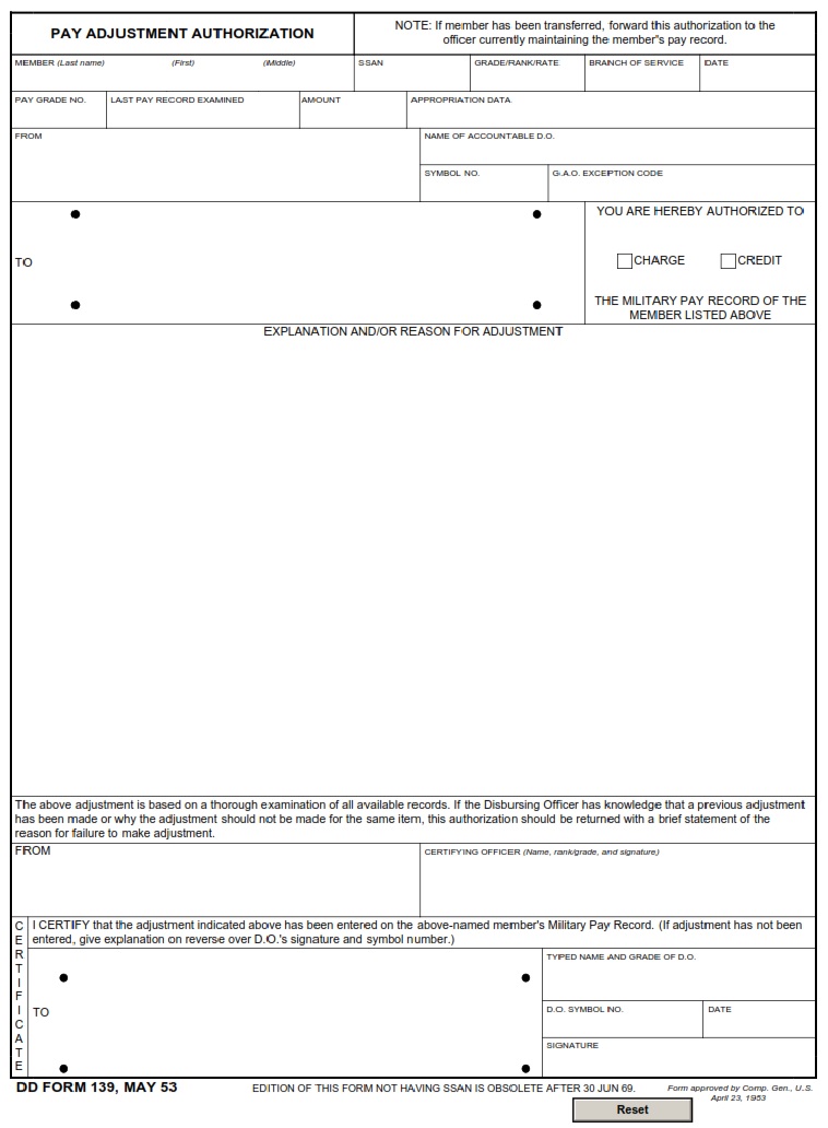 DD Form 139 Pay Adjustment Authorization DD Forms