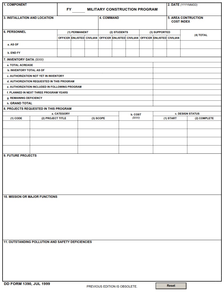 DD Form 1390 FY Military Construction Program DD Forms