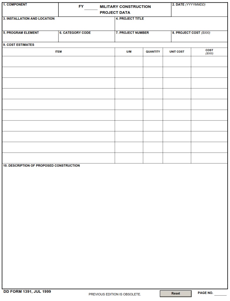 DD Form 1391 FY Military Construction Project Data DD Forms