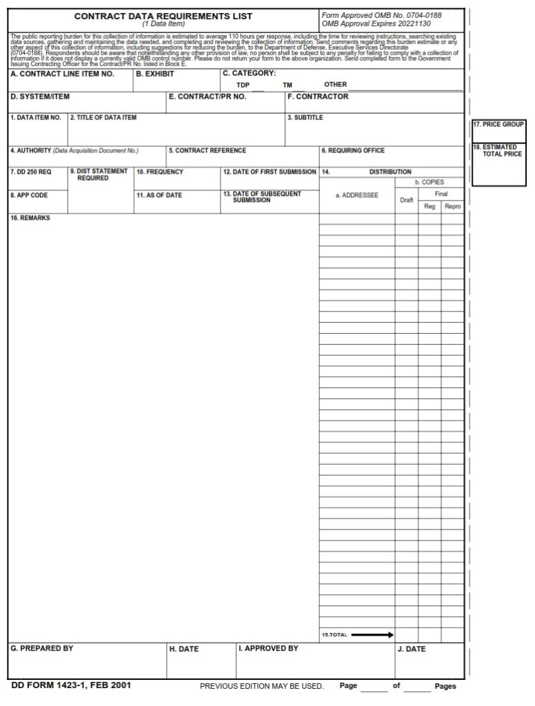 Dd Form 1423 1 – Contract Data Requirements List 1 Data Item Dd Forms