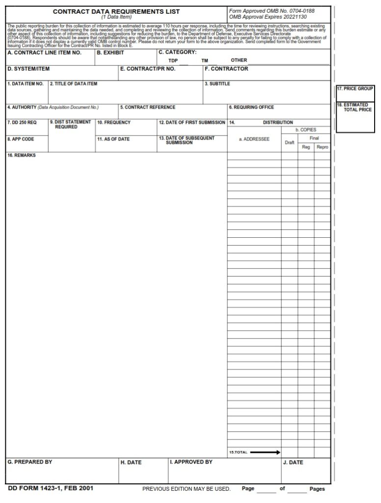 Dd Form 1423 1 – Contract Data Requirements List 1 Data Item Dd Forms 