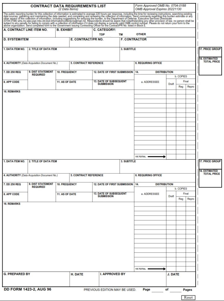 DD Form 1423 2 Contract Data Requirements List 2 Data Items DD Forms