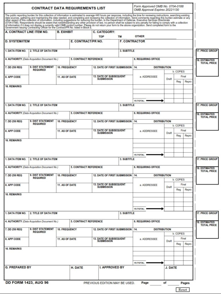 DD Form 1423 – Contract Data Requirements List - DD Forms