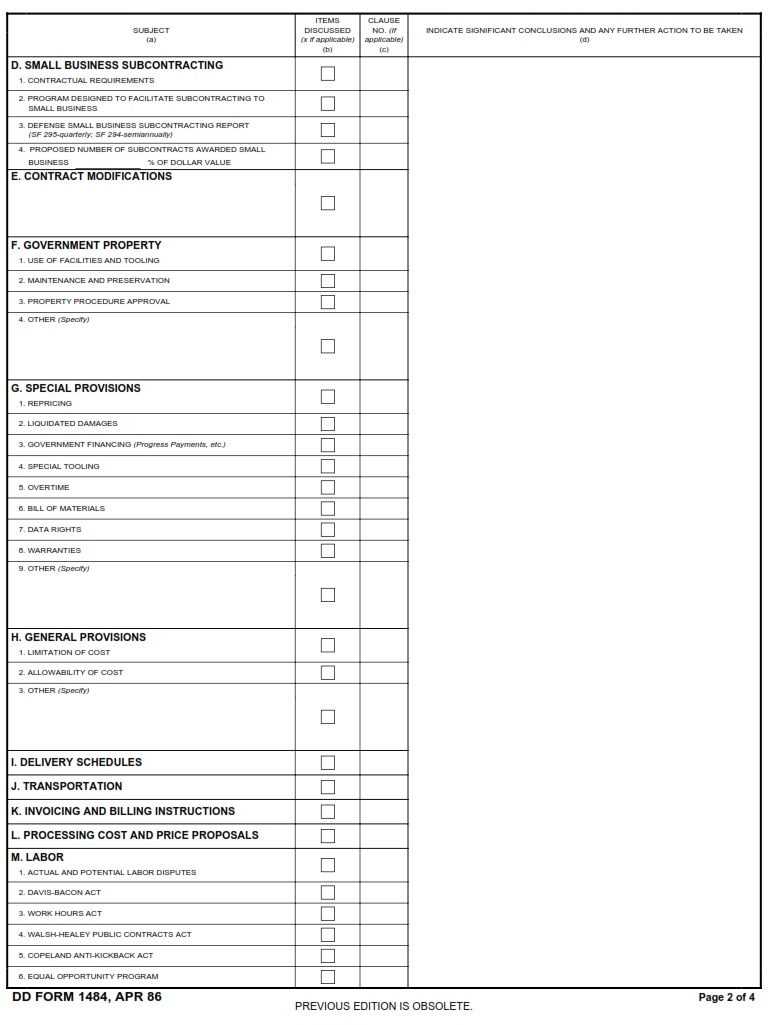 DD Form 1484 Post Award Conference Record DD Forms
