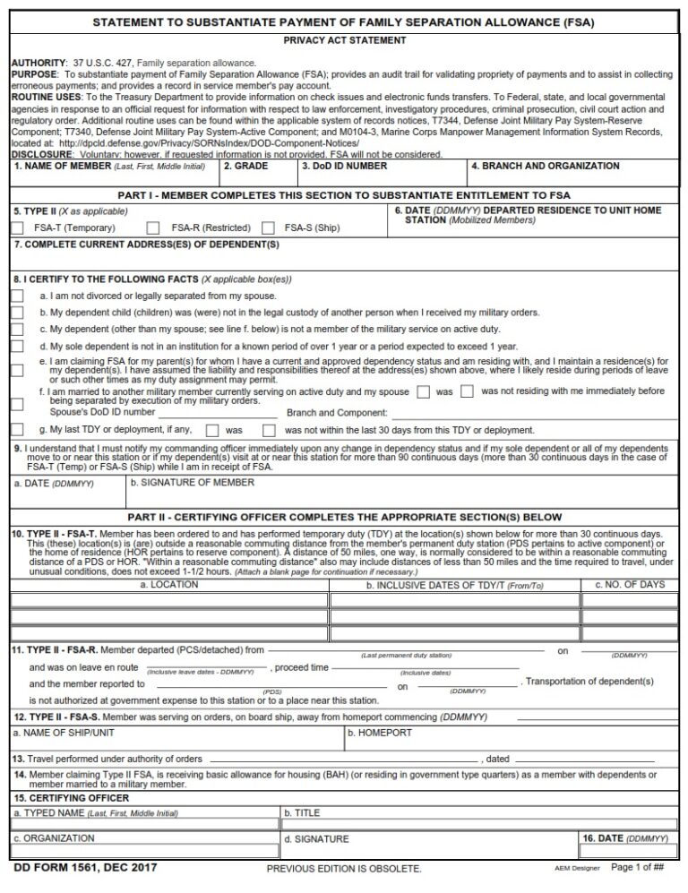 DD Form 1561 – Statement to Substantiate Payment of Family Separation ...