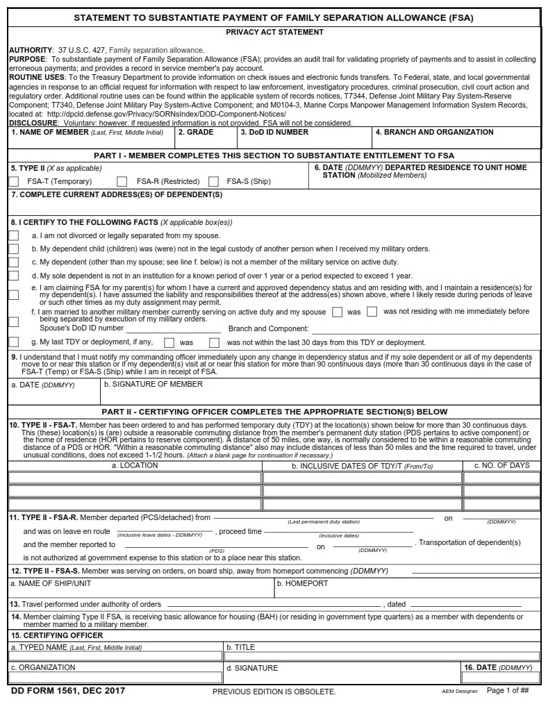 DD Form 1561 Statement To Substantiate Payment Of Family Separation