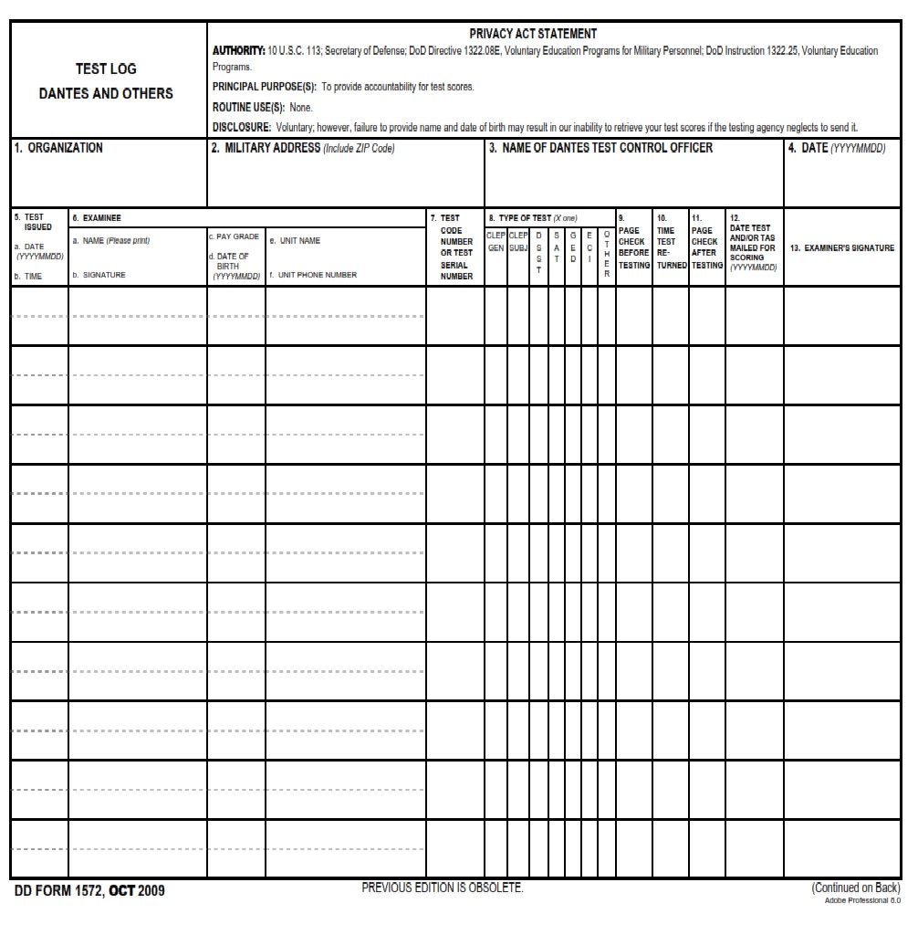 DD Form 1572 Test Log DANTES And Others DD Forms