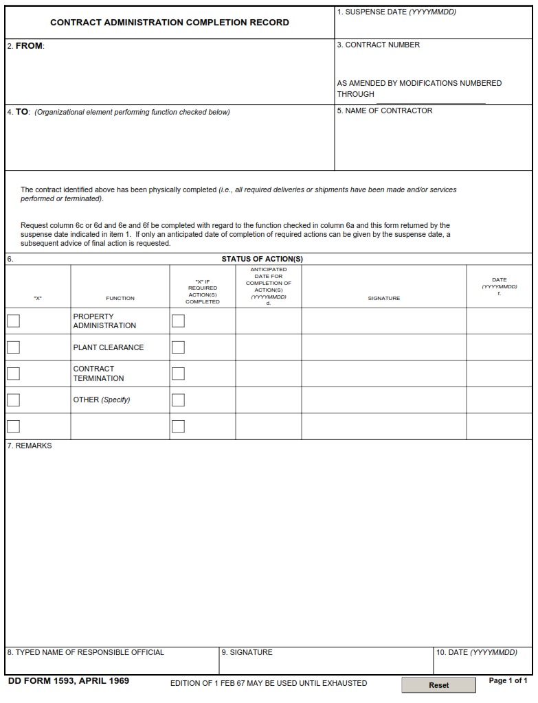 DD Form 1593 Contract Administration Completion Record DD Forms