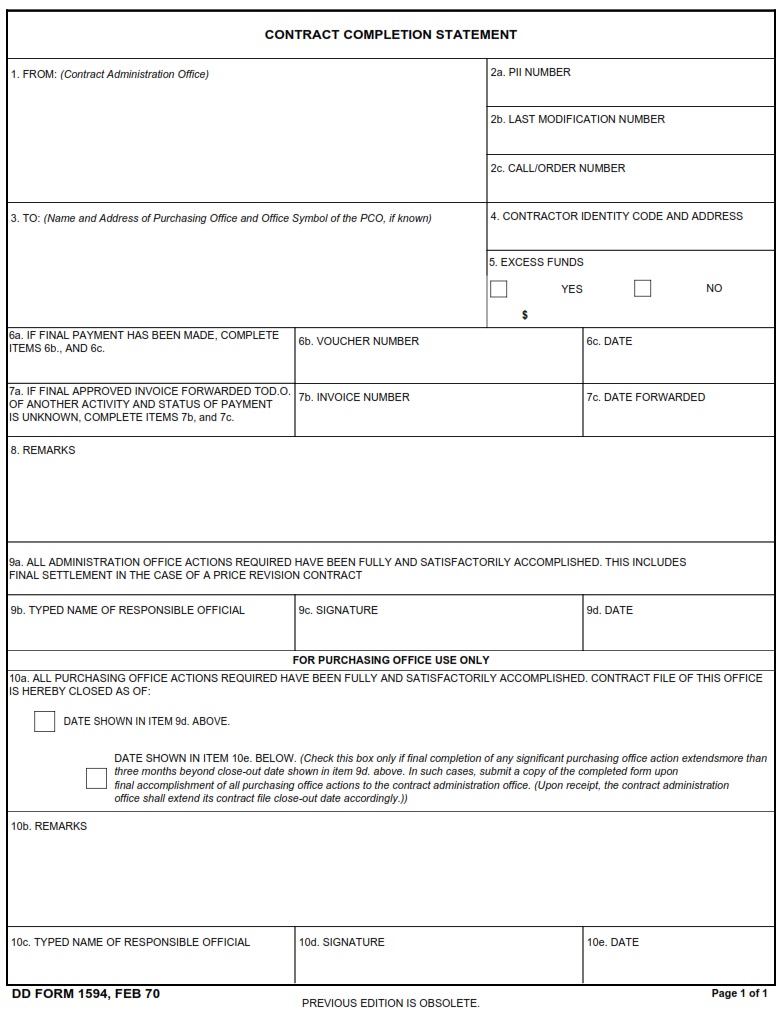 DD Form 1594 Contract Completion Statement DD Forms