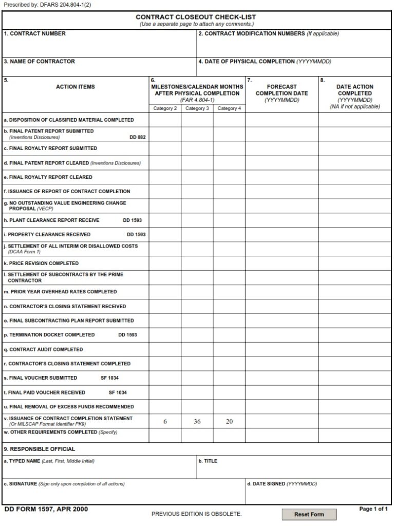 DD Form 1597 Contract Closeout Check List DD Forms