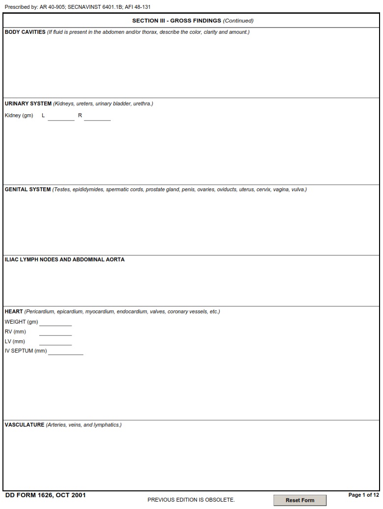 DD Form 1626 Veterinary Necropsy Report DD Forms