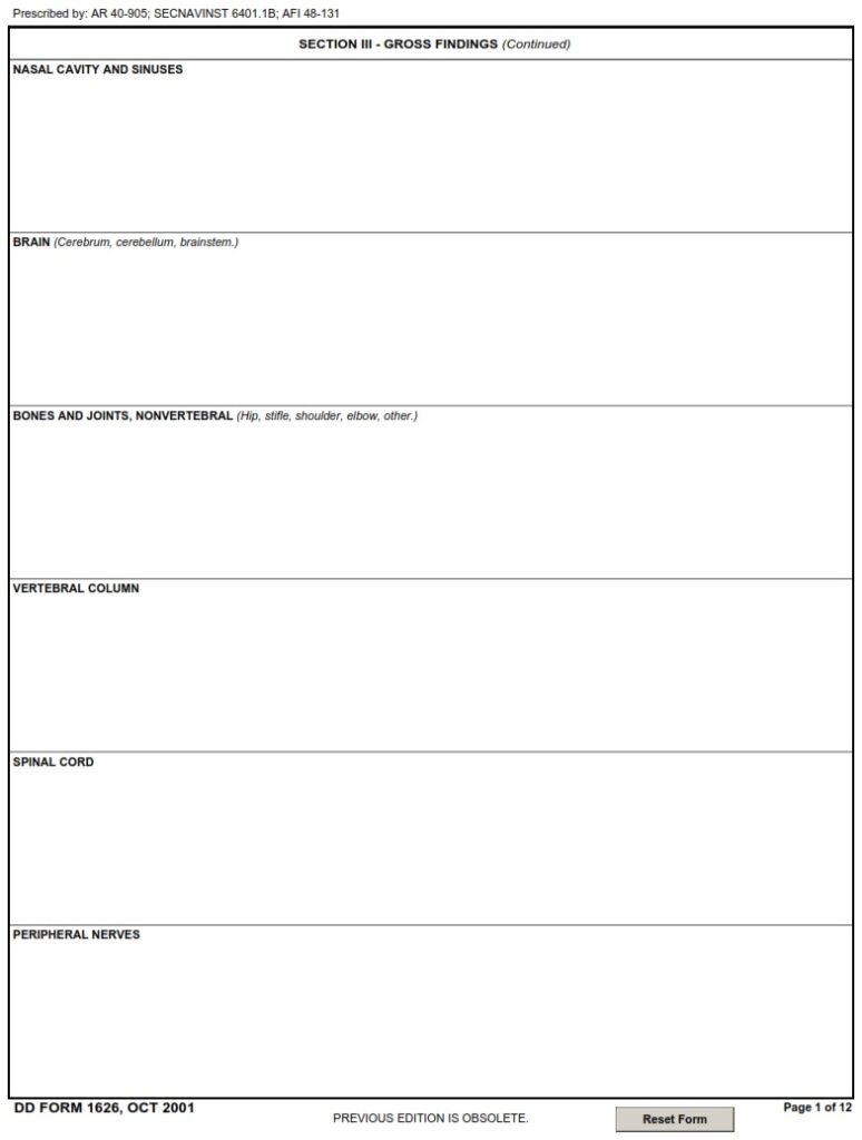 DD Form 1626 – Veterinary Necropsy Report - DD Forms