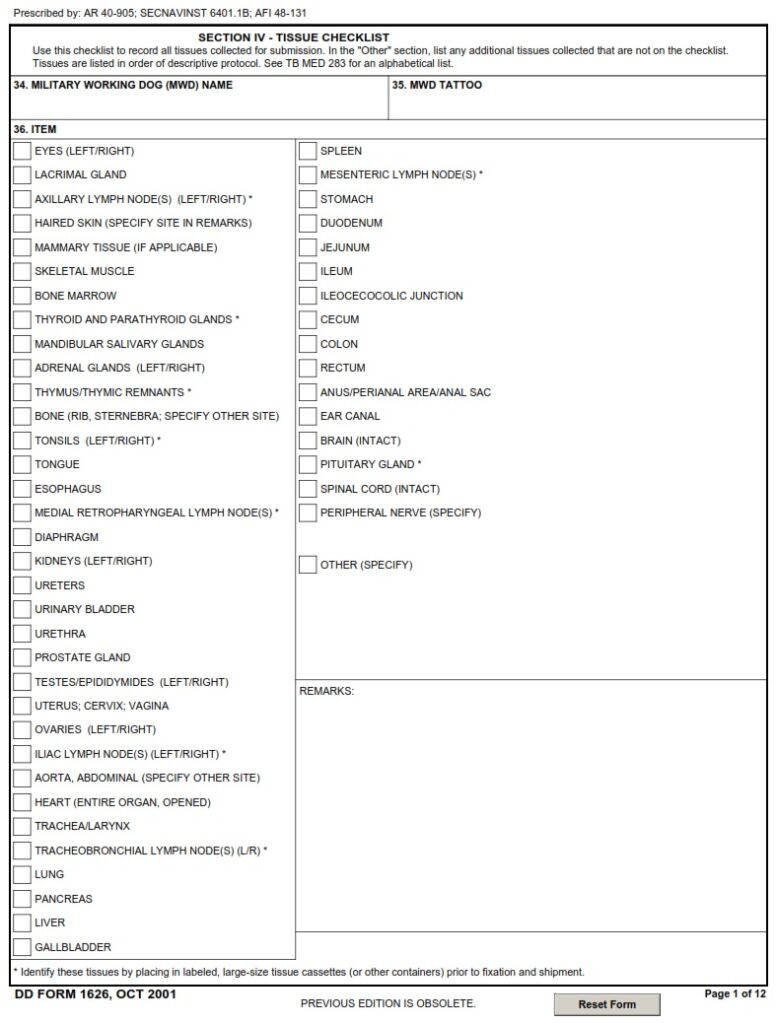 DD Form 1626 Veterinary Necropsy Report DD Forms