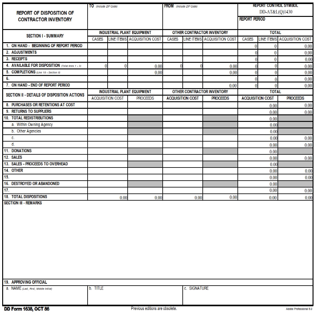 DD Form 1638 Report Of Disposition Of Contractor Inventory DD Forms