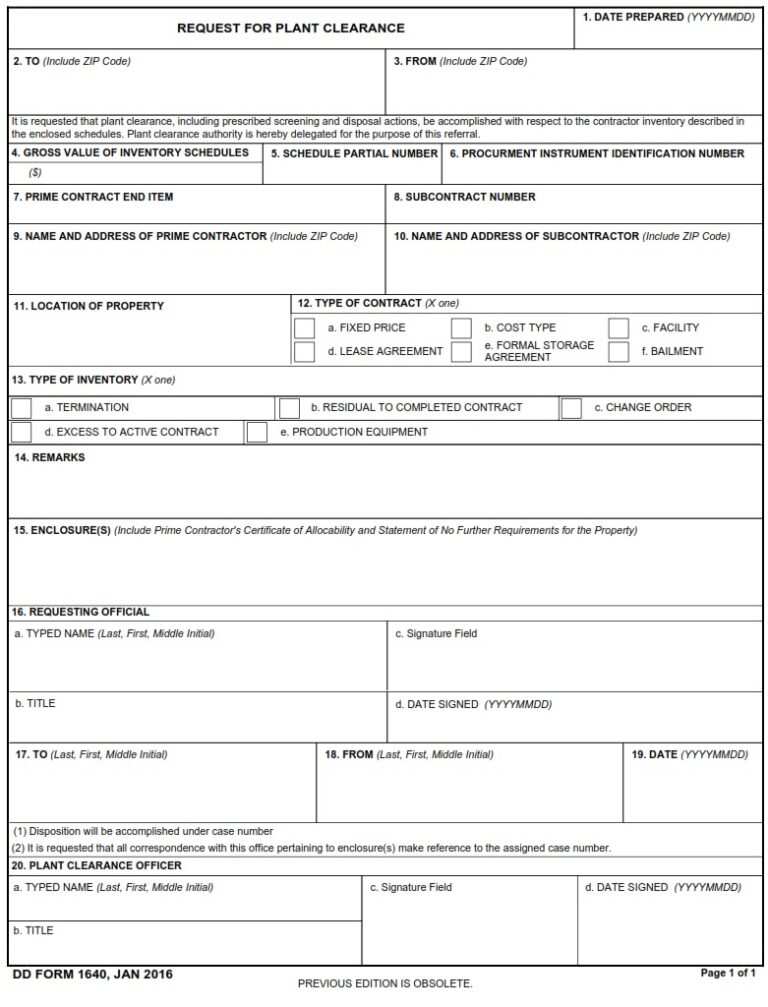 DD Form 1640 – Request for Plant Clearance - DD Forms