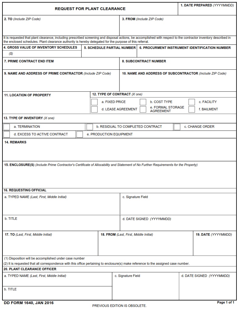 DD Form 1640 Request For Plant Clearance DD Forms