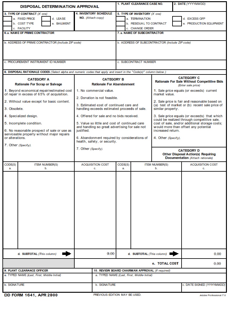 DD Form 1641 Disposal Determination Approval DD Forms