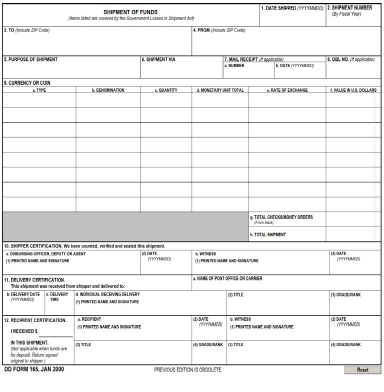 DD Form 165 – Shipment of Funds - DD Forms