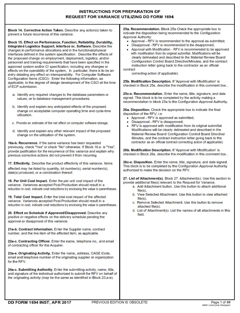 DD Form 1694 Inst Instructions For Preparation Of Request For