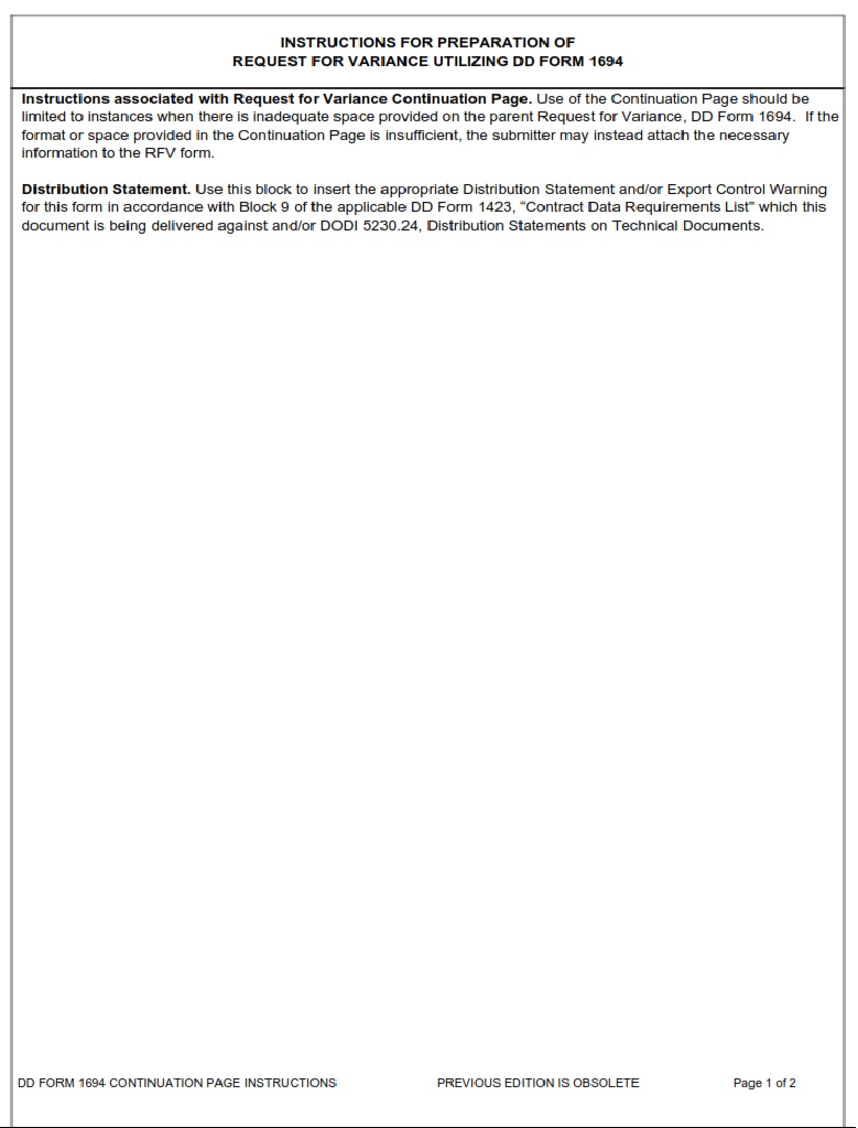 DD Form 1694c Request For Variance RFV Continuation Sheet DD Forms