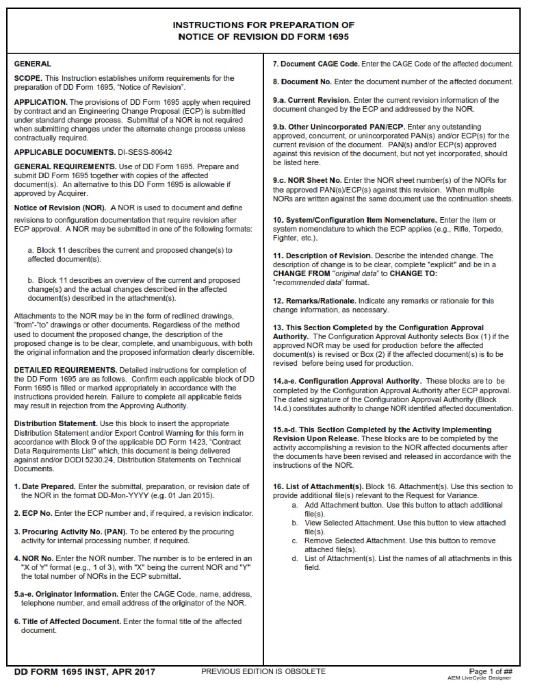 DD Form 1695 Inst Instructions For Preparation Of Notice Of Revision