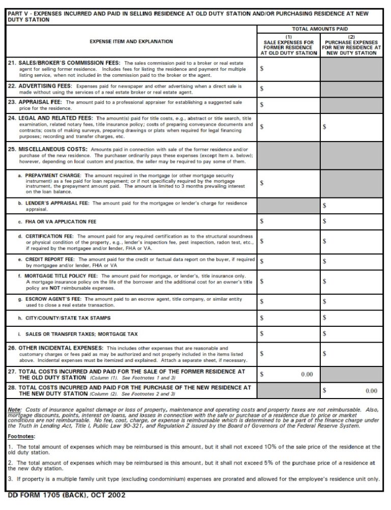 DD Form 1705 – Reimbursement for Real Estate Sale and/or Purchase ...