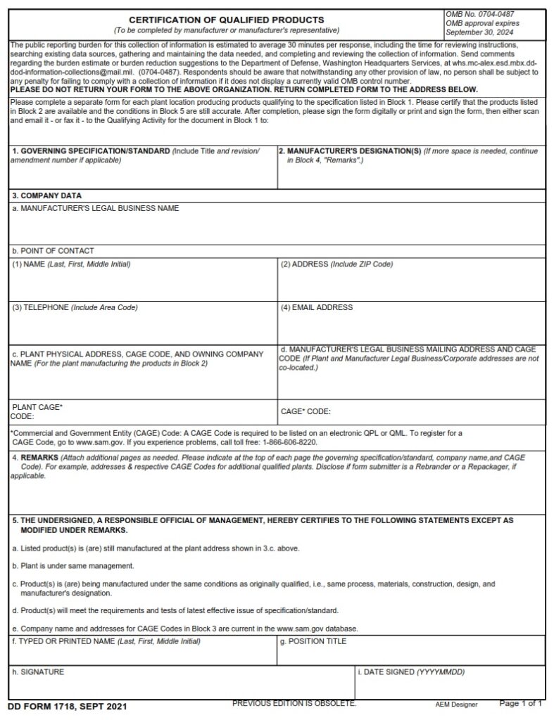 DD Form 1718 Certification Of Qualified Products DD Forms