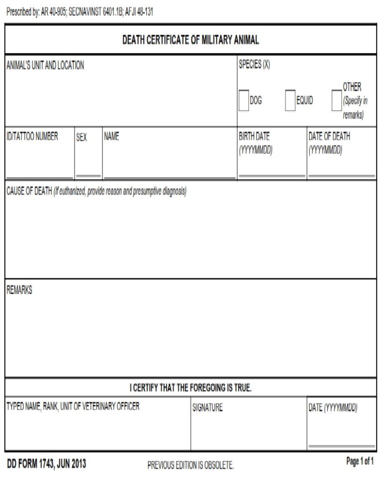 Dd Form 1743 Death Certificate Of A Military Animal Dd Forms