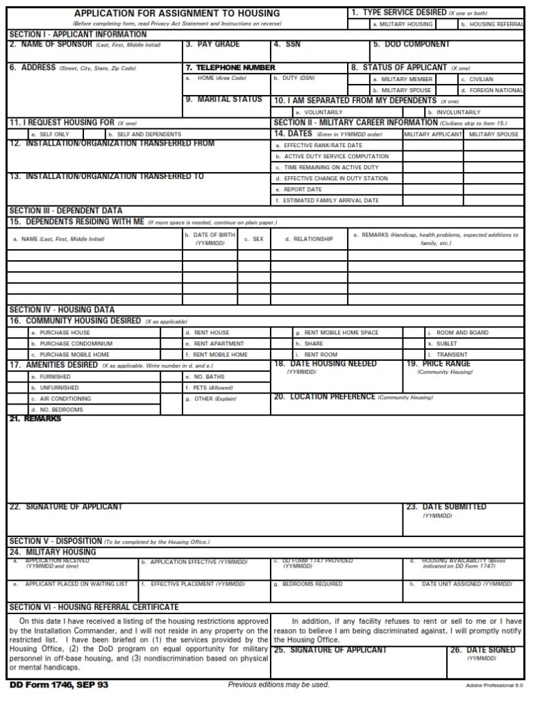 DD Form 1746 – Application for Assignment to Housing - DD Forms