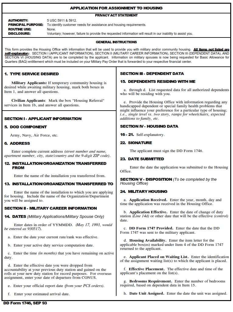 DD Form 1746 Application For Assignment To Housing DD Forms