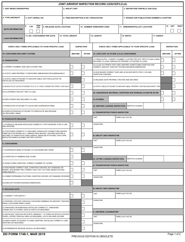 DD Form 1748 1 Joint Airdrop Inspection Record CDS CEP LCLA DD Forms