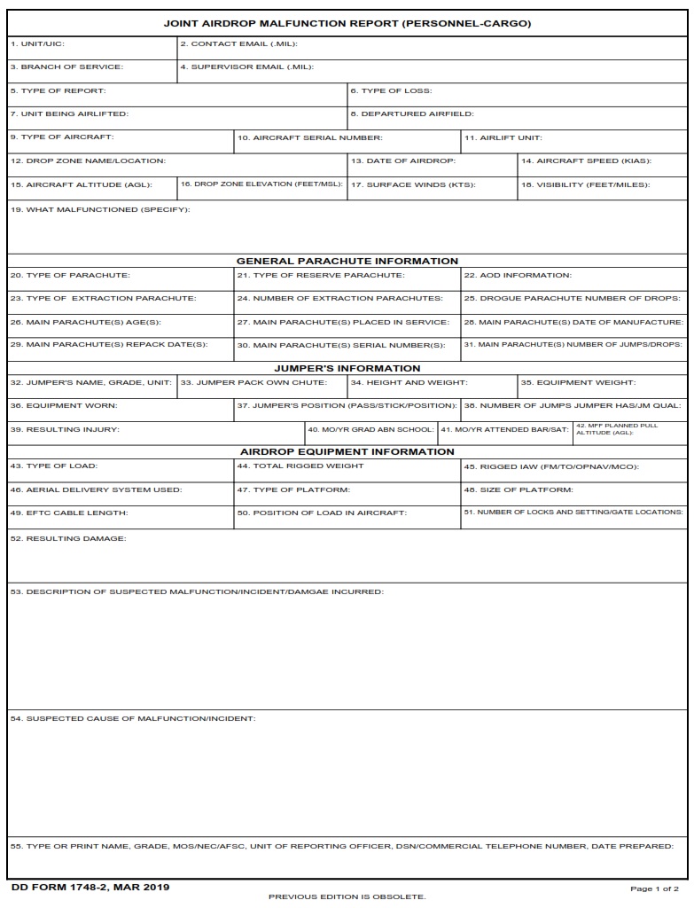 DD Form 1748 2 Airdrop Malfunction Report Personnel Cargo DD Forms