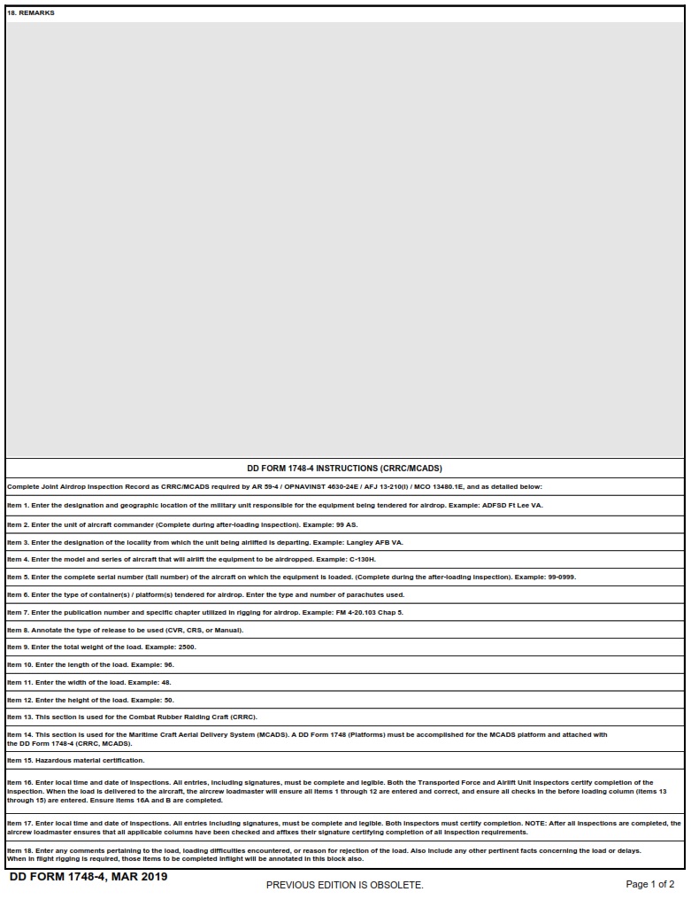DD Form 1748 4 Joint Airdrop Inspection Record CRRC MCADS DD Forms