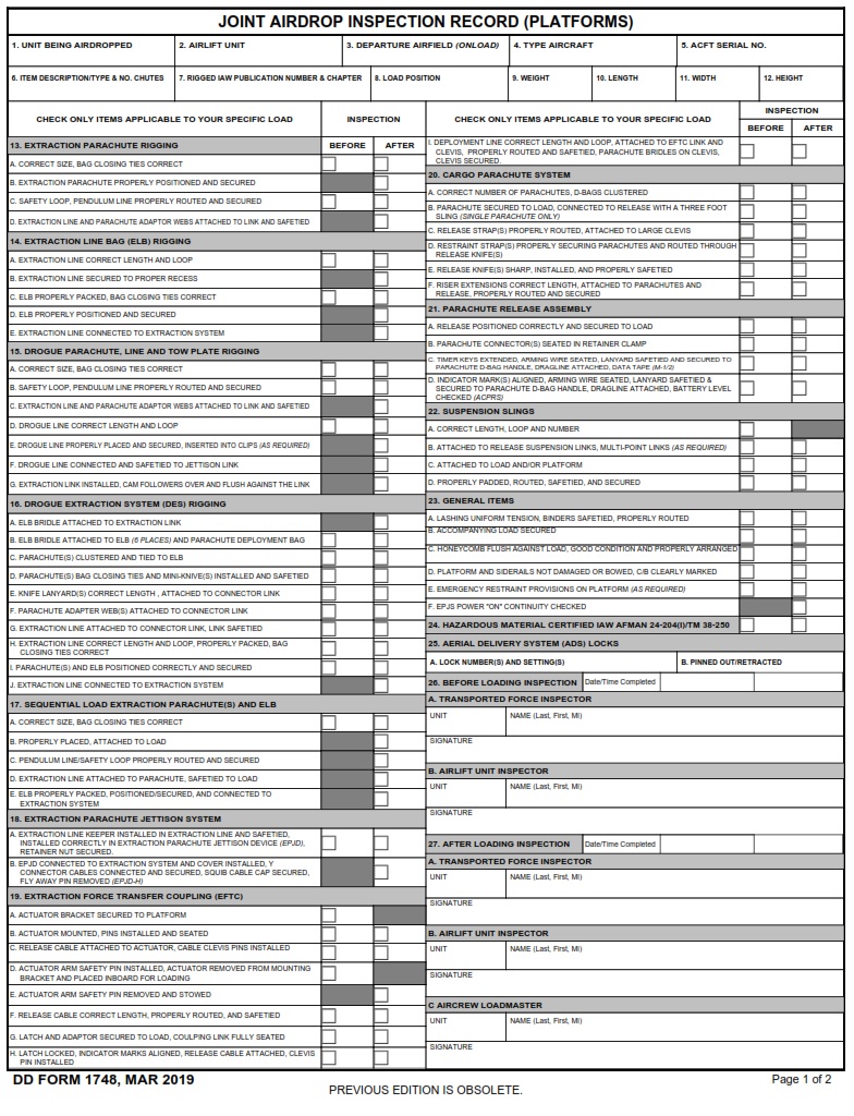 DD Form 1748 Joint Airdrop Inspection Record Platforms DD Forms
