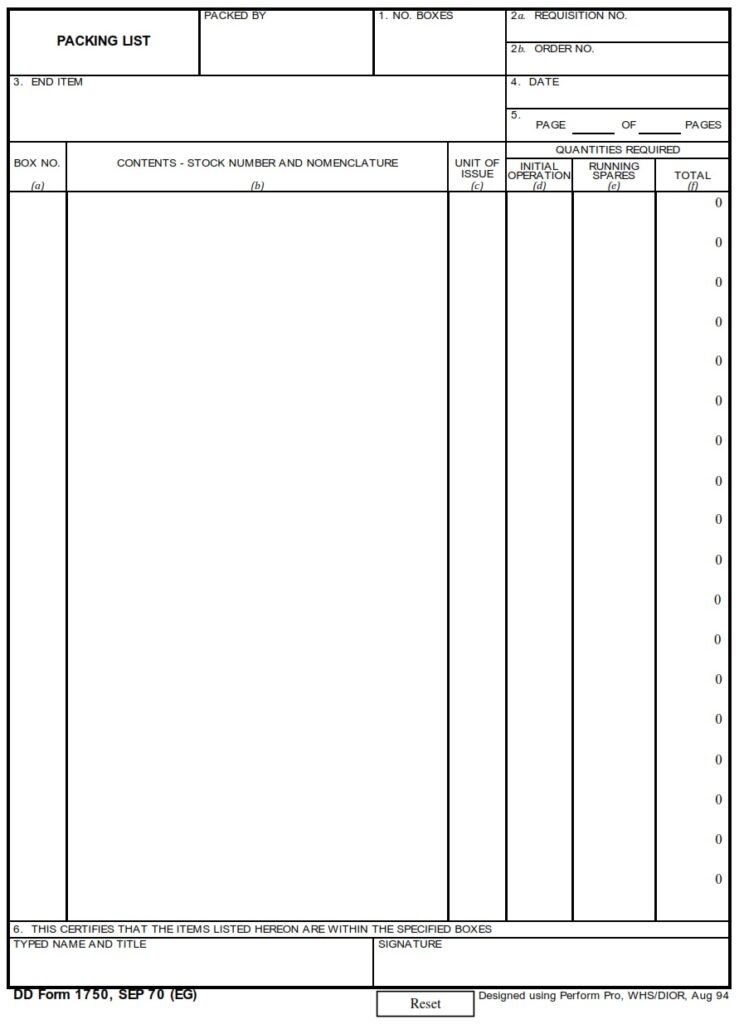 DD Form 1750 – Packing List - DD Forms