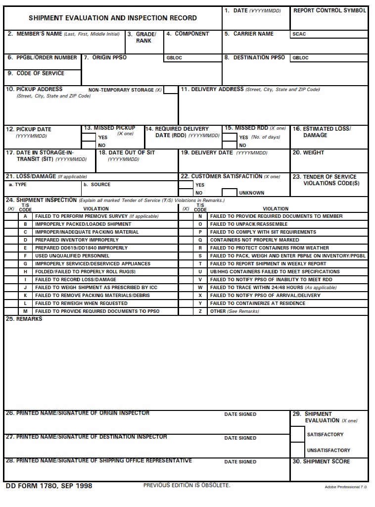 DD Form 1780 Shipment Evaluation And Inspection Record DD Forms