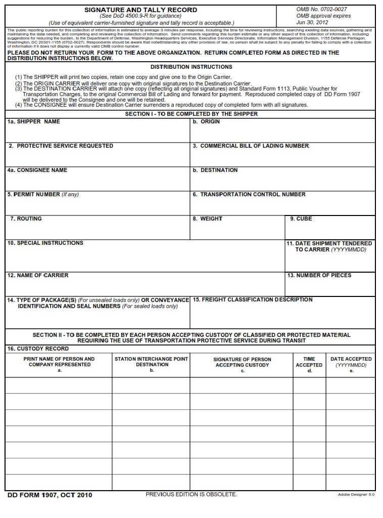 DD Form 1907 Signature And Tally Record DD Forms