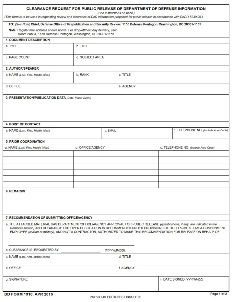 DD Form 1910 – Clearance Request for Public Release of Department of ...