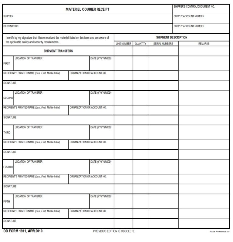 DD Form 1911 Materiel Courier Receipt DD Forms