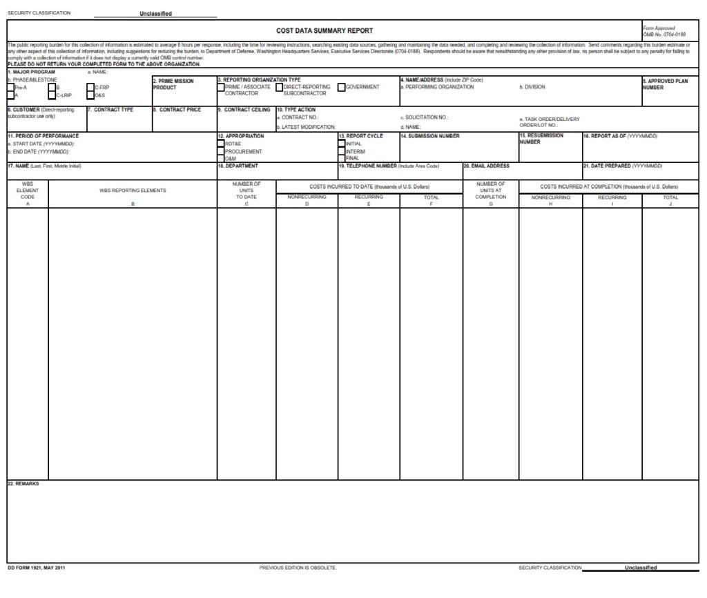 DD Form 1921 Cost Data Summary Report DD Forms dd-form-1921-cost-data-summary-report-2011-printable-pdf-download